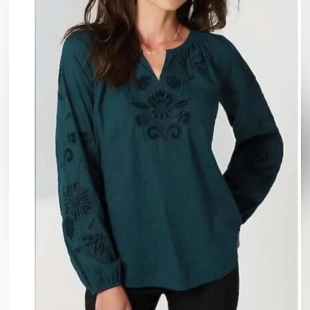 💎 J. Jill Women's Embroidered V-Neck Peasant Blouse - Teal